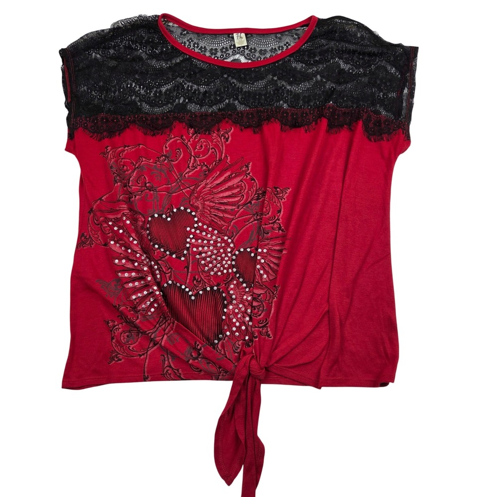 Hybrid Top Red Black Lace Y2K Rhinestone Winged Heart Graphic Tie Front Women 2X